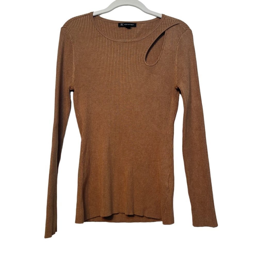 Round Neck Ribbed Knit Single Shoulder Cut Out Top Light Brown Neutral Size M